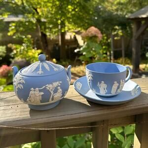 Wedgwood Jasperware tea set-teacup, saucer, sugar bowl England 1957 blue white